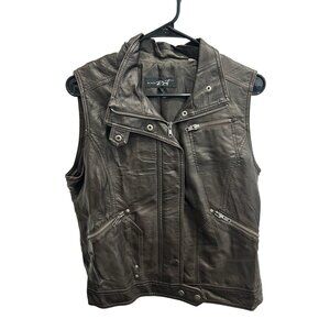 Black Rivet Sleeveless Moto Vest Large Faux Leather Zipper Brown
